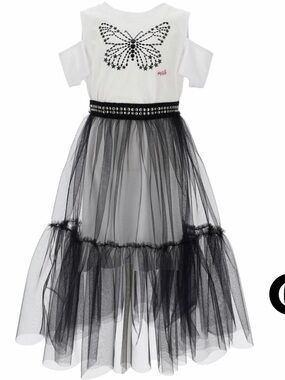 MonnaLisa White Long Top with Black Studded Butterfly and Black Tulle Skirt